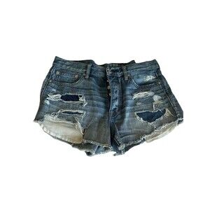 American Eagle High Rise Distressed Festival Denim Shorts Sz 8 Vintage Raw Hem